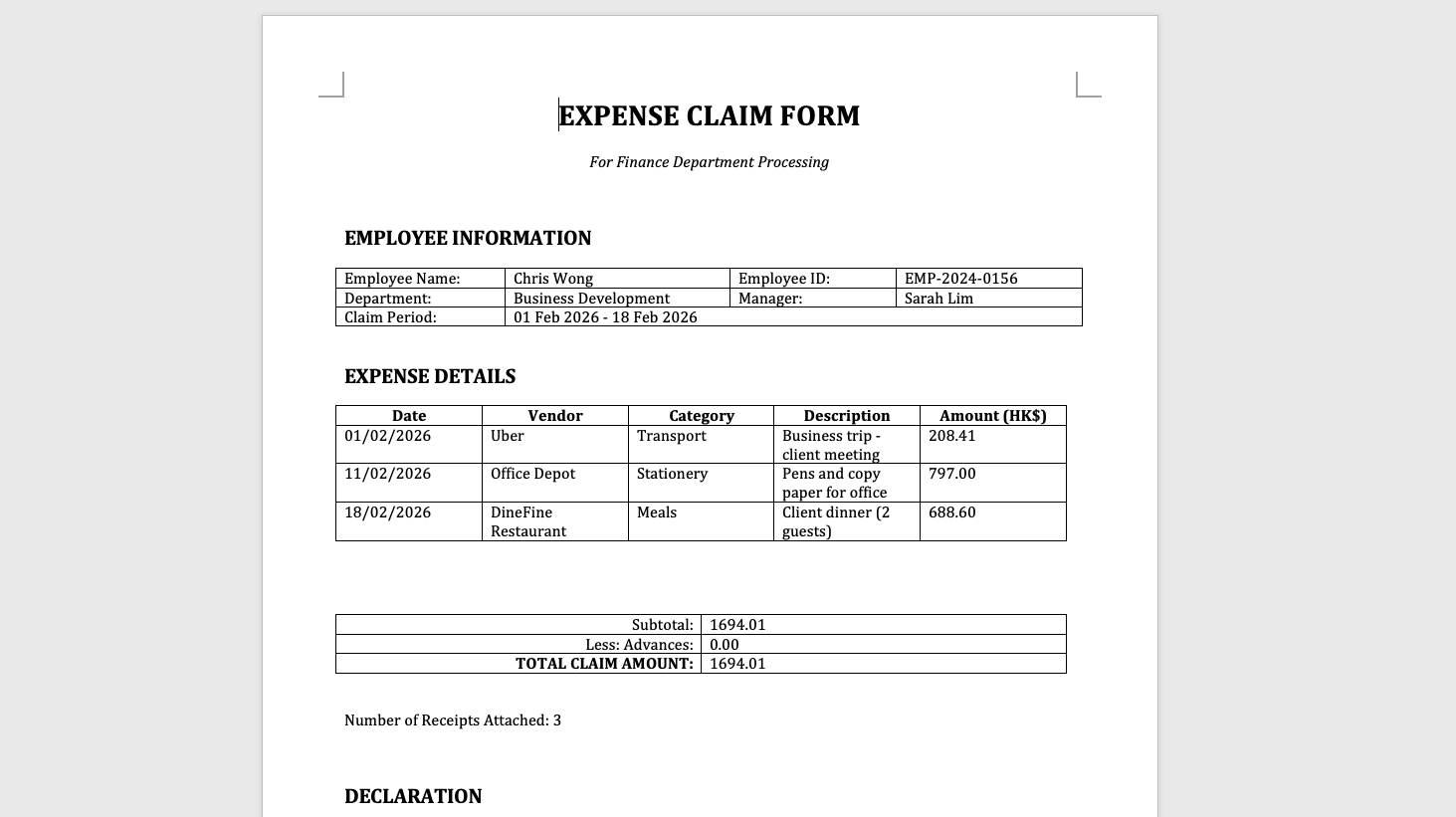 Fill In Expense Claim DOCX Form from Receipts